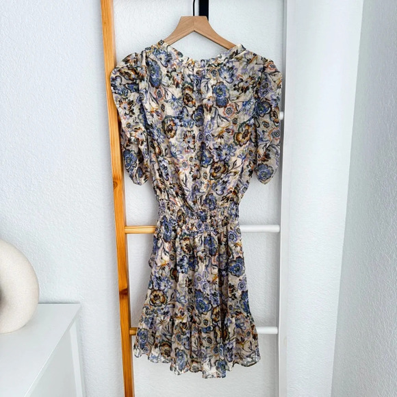 Misa Las Angles Kayla Mini Dress Sketched Floral Smocked Tie Neck - Picture 4 of 16